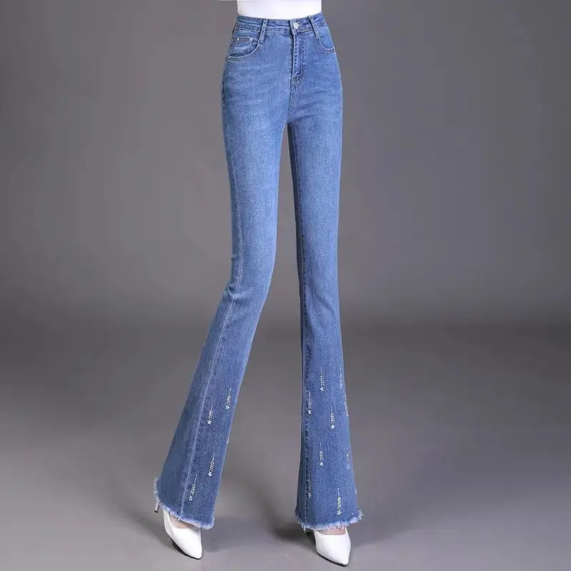 Korean Fashion Frauen Flare Jeans Frühling Herbst Neue Streetwear Quaste Hohe Taille Dünne Büro Dame Gerade Denim Hosen ZT364