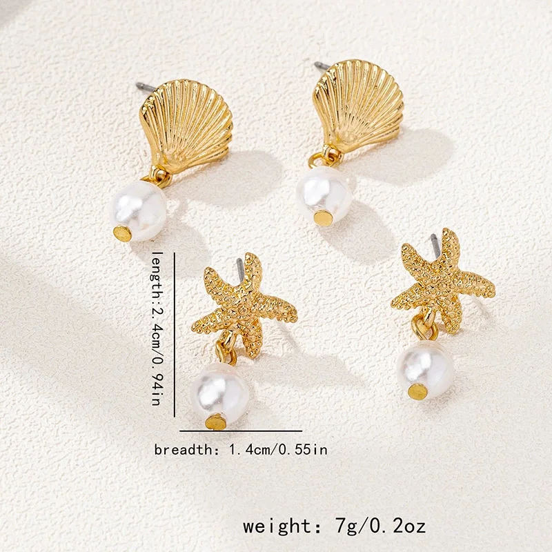 Direkt vom Hersteller: Seestern-Imitat-Perlen-Ohrringe in Goldfarbe für Frauen, Mermaidcore-Ästhetik, Hängeohrringe, Party-Schmuck, Geschenk – Detail 7
