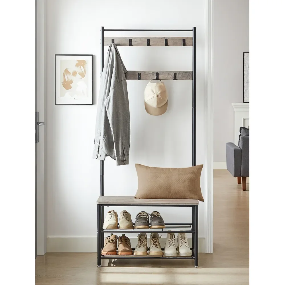 

Скамья для прихожей с местом для обуви, вешалка для одежды, дизайн 3-в-1 со стальным каркасом для коридора