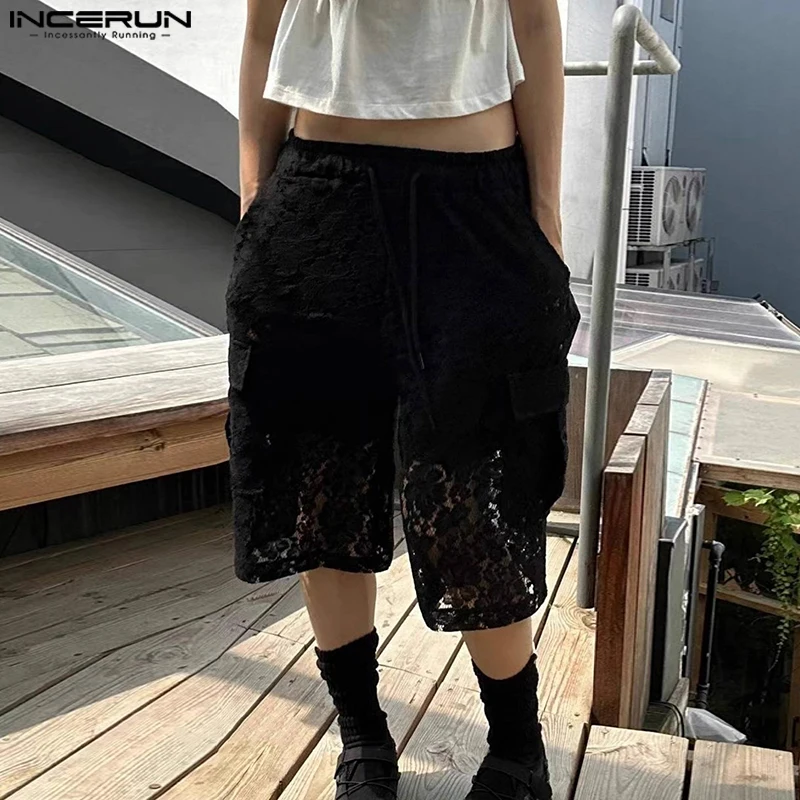 Мужские кружевные шорты, повседневные штаны INCERUN, свободные летние шорты, брюки, уличная одежда, модные мужские прозрачные шорты, мужская одежда
