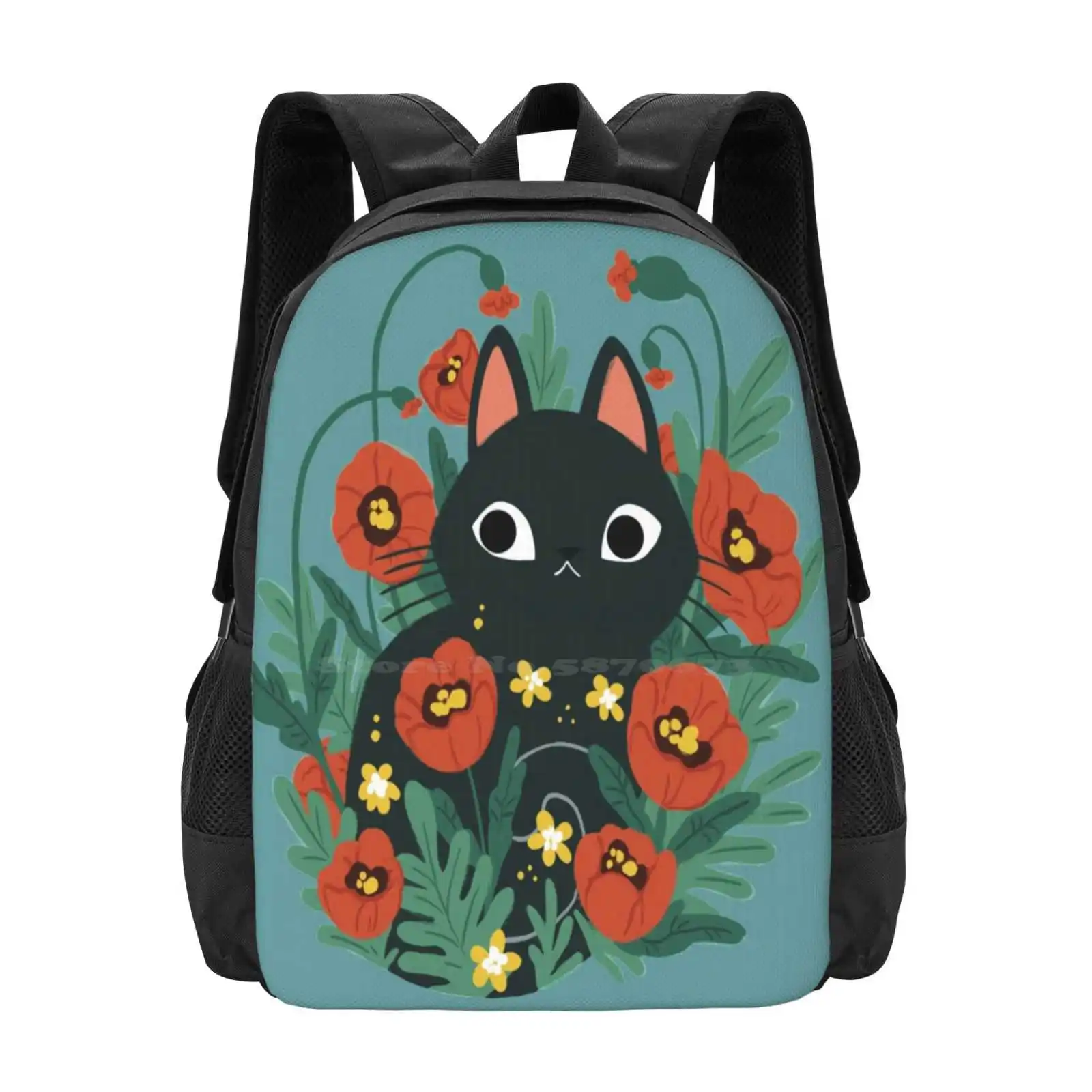 Cat In Poppy Flowers Bag Backpack For Men Women Girls Teenage Black Cat Catflowers Daisy Garden Folkcat Love Crazy Cat Lady