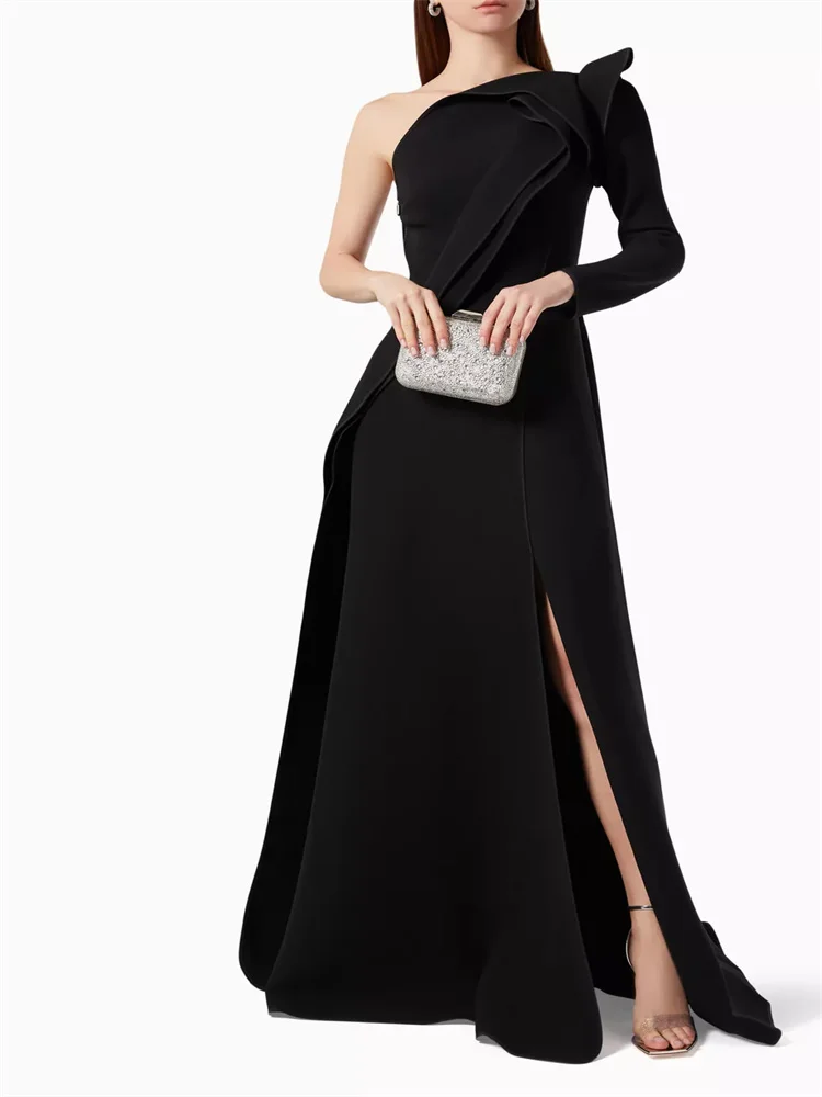 New Product One Shoulder Neckline Ruffle Detail A-Line Evening Dress Sexy Back Zipper Sweep Train High Slit Gowns For Women 2024