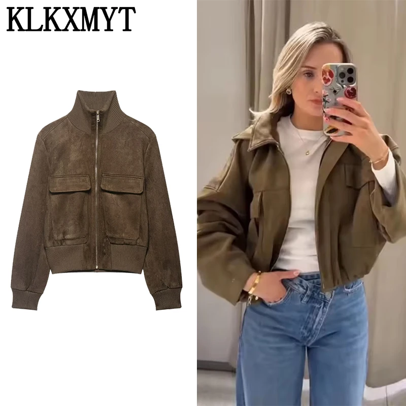 

Женская модная укороченная куртка-бомбер KLKXMYT 2026 с воротником-стойкой, на молнии, с карманами, длинными рукавами, однотонная, приталенная