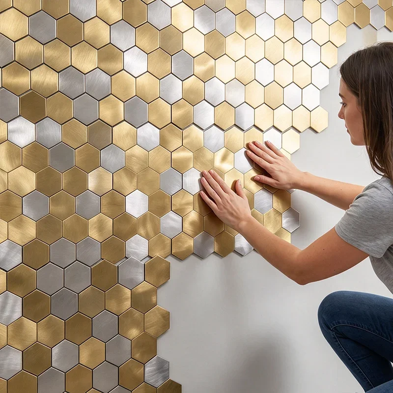 Peel and Stick Metallic Mosaic Wall Decal Self‑adhesive for Kitchen Bathroom Living Bedroom mid‑century Home Background Ornament