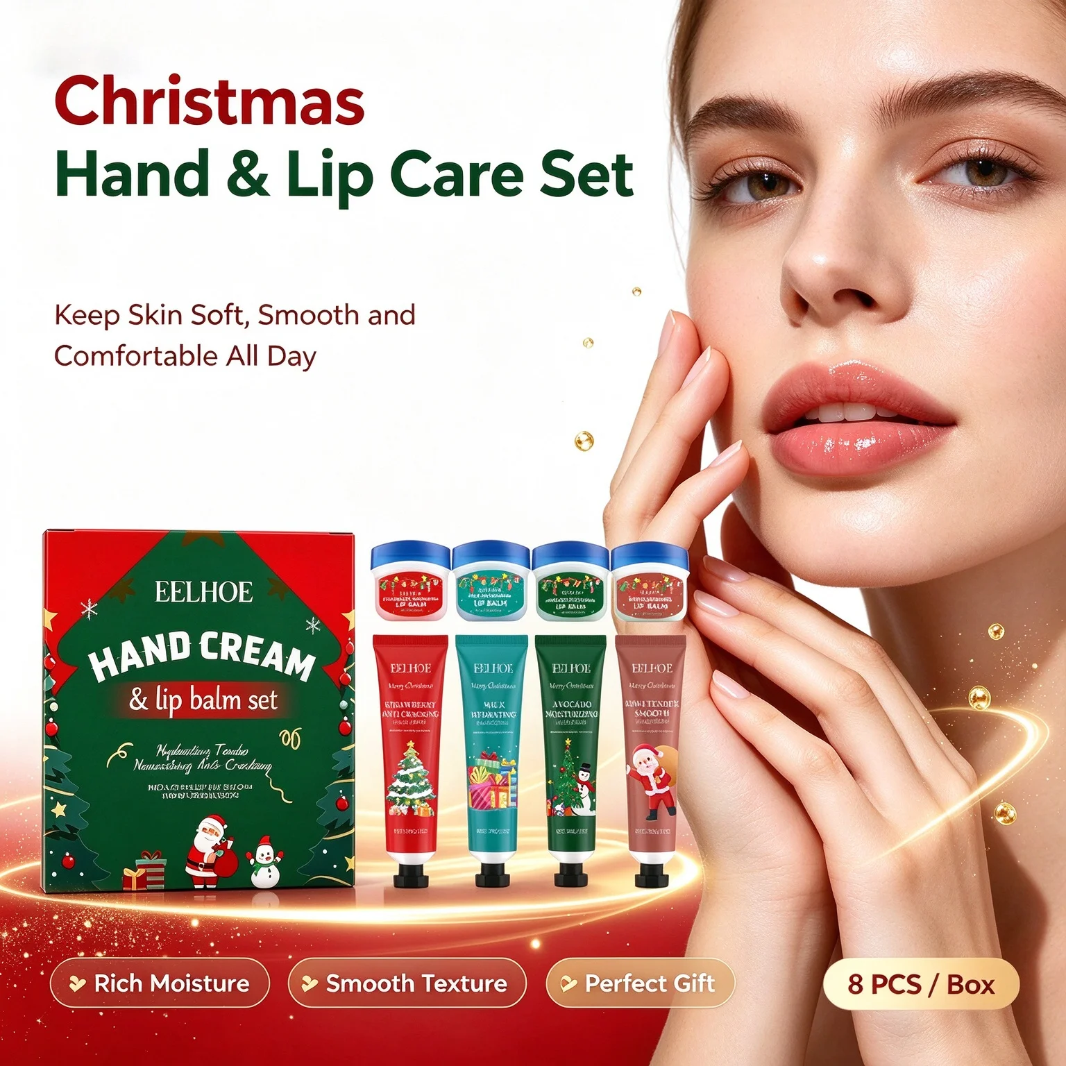 Christmas Hand Cream Lip Balm Set Gift Box Nourishing Moisturizing Anti-dry Cracked Softening Skin Festive Holiday Present Gift