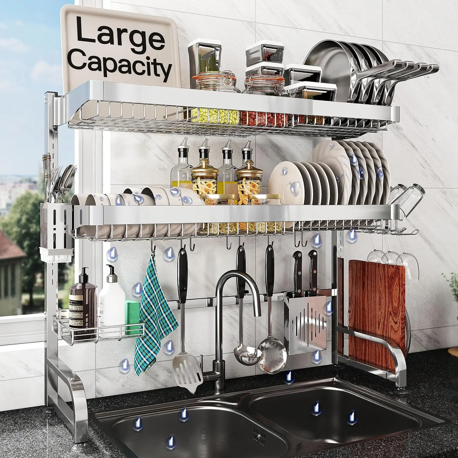 BOOSINY Over The Sink Dish Drying Rack, Extra Large Capacity Dish Drainer | 3 Tier Extra Large All Stainless Steel Expandable Pl