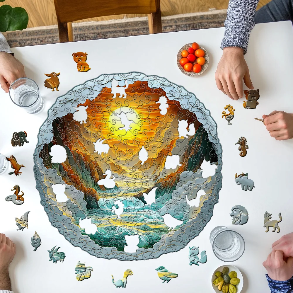 Puzzle for Adults, 3D Visual Full Sun in The Mountains Wooden Jigsaw Puzzles for Adult, Unique Animal Shape Wood Cut Puzzles, fo