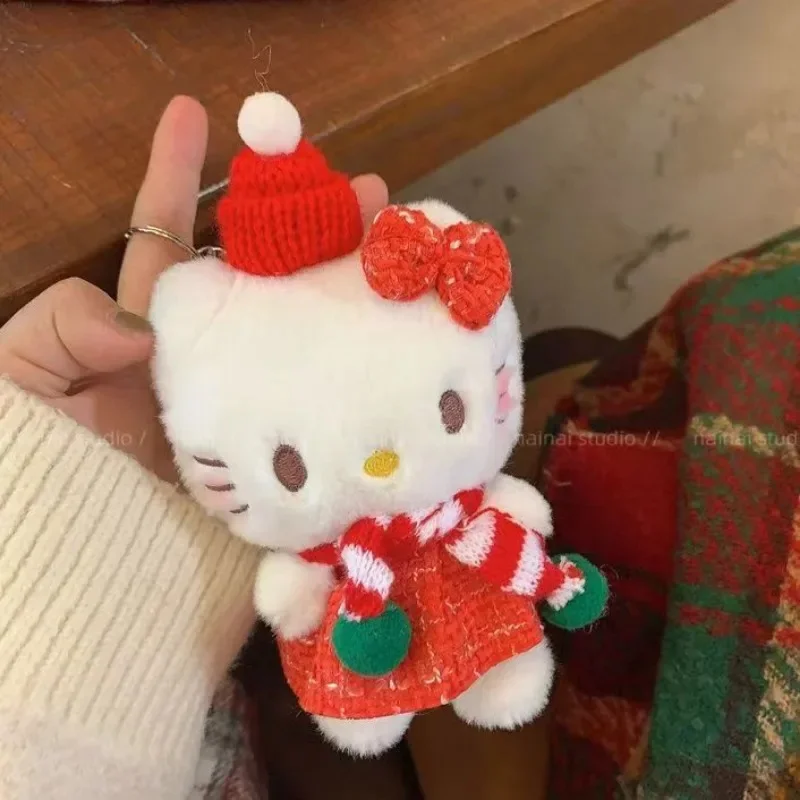 Cute red checkered Hello Kitty Christmas doll keychain decoration Saint Leo comic backpack pendant children's toy gift