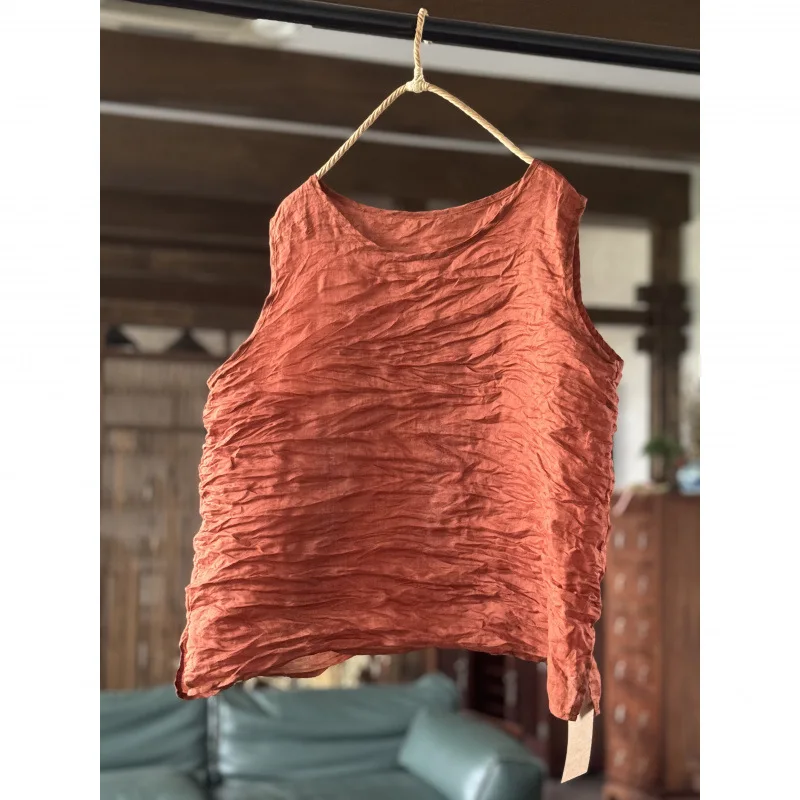 Women Thin 100% Ramie Vintage Solid Camis Tees 2026 New Ladies Summer Casual Clothes High Quality Tanks O-Neck Sleeveless Tops