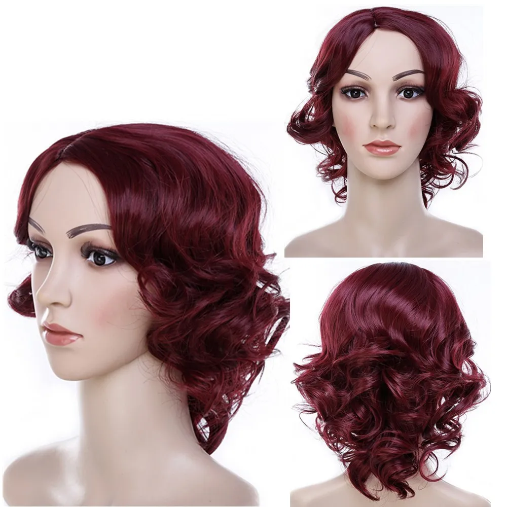 

European and American Women's Synthetic Left-Side Part Wig, Wine Red Hairstyle, Natural Invisible Style for Daily Wear