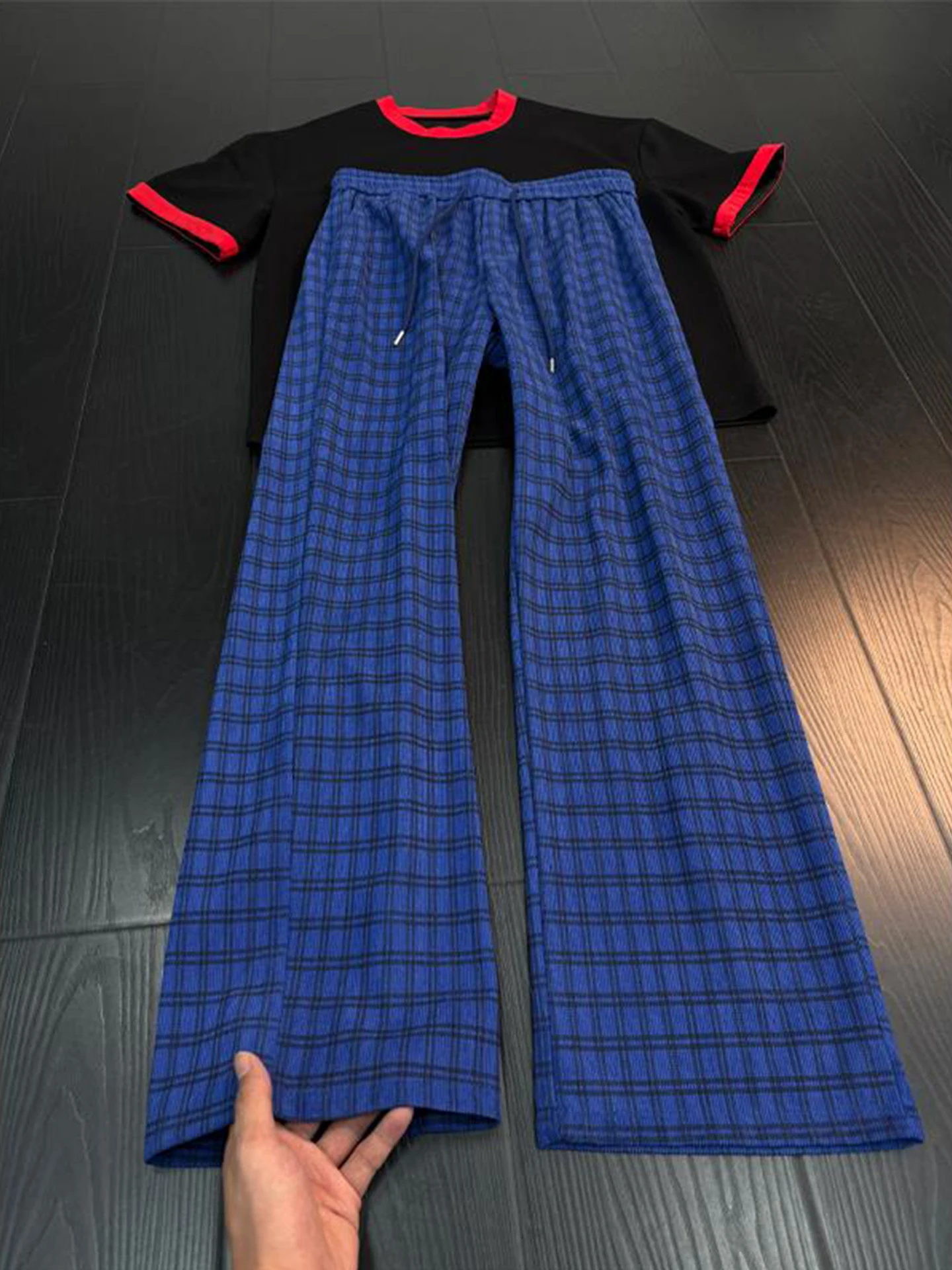 Pantalones Casuales de Pierna Recta con Diseño a Cuadros en Contraste Azul Klein, Estilo Retro Americano, para Parejas, Verano