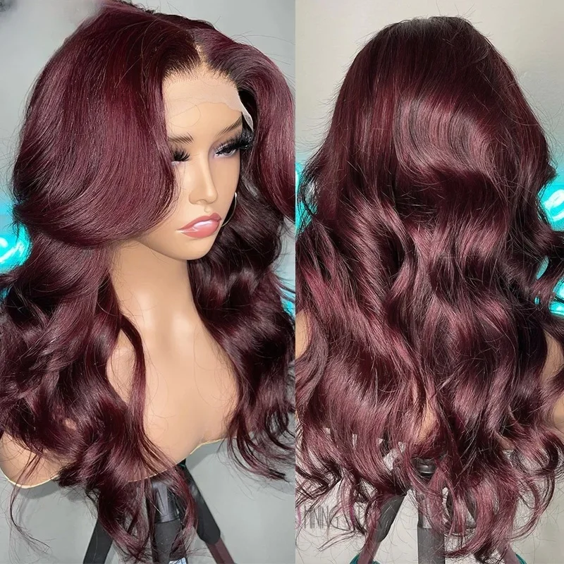 بورجوندي 99j طويل 26 بوصة طبيعي ناعم 180 الكثافة غلويليس الاصطناعية الجسم موجة الدانتيل شعر مستعار أمامي للنساء Babyhair PrePlucked #1