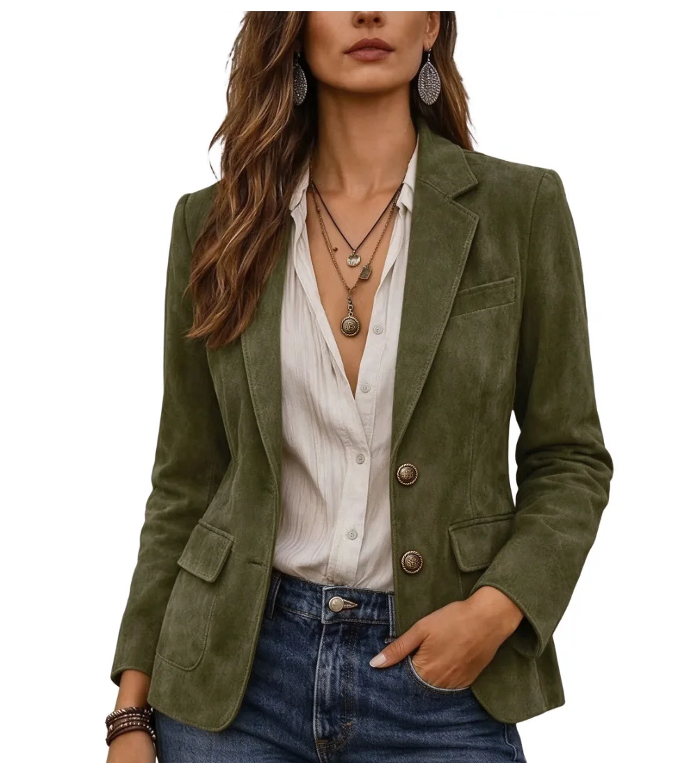 2026 New European American Style Women Suede Blazer, Autumn Slim Fit Two-button Lapel Elegant Casual Outerwear