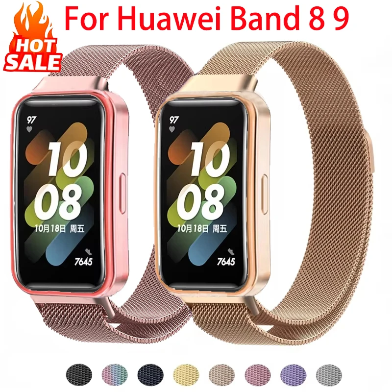 Cinturino in metallo per braccialetto Huawei Band 8 9 con custodia in TPU protezione schermo pellicola morbida sostituzione cinturino ad anello magnetico milanese