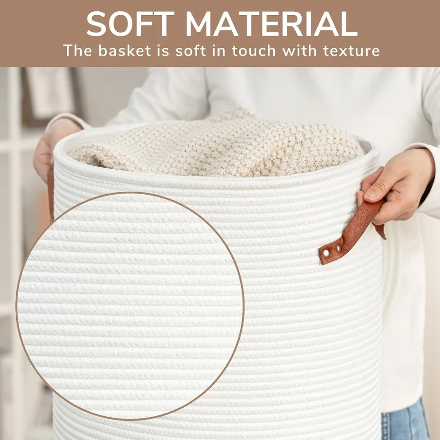 Tall Laundry Basket with Lid for Nursery and Home Use: White Cotton Rope Storage Basket Ideal for Storing Clothes Blankets Toys