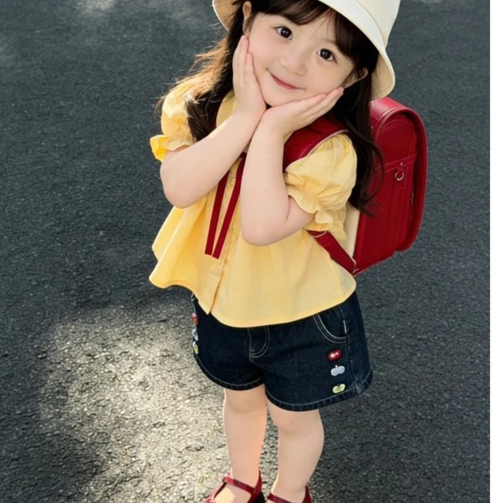 

Girls Summer Outfit Set 2026 New Style Baby Girl Stylish Doll Shirt Fashionable Denim Shorts Summer Two-piece Set Trendy