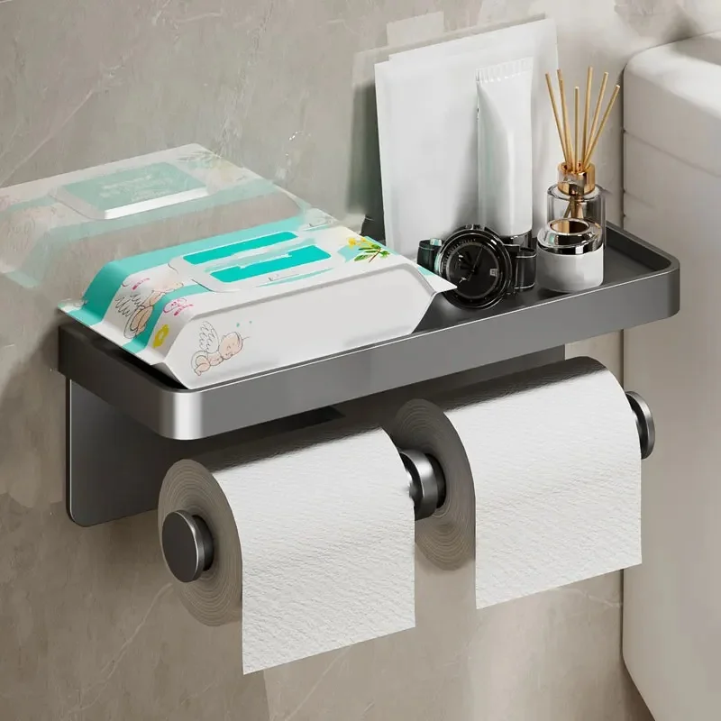 Space Aluminum Multifunctional Toilet Paper Holder With Storage Shelf Bathroom Tissue Roll Dispenser