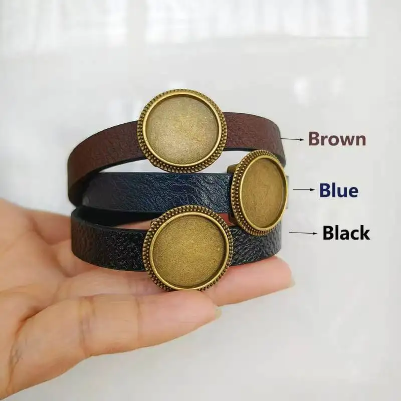 Bracelet Base for Jewelry Making 18mm Glass DIY Leather Bangles Blank 3 Colors Wristband