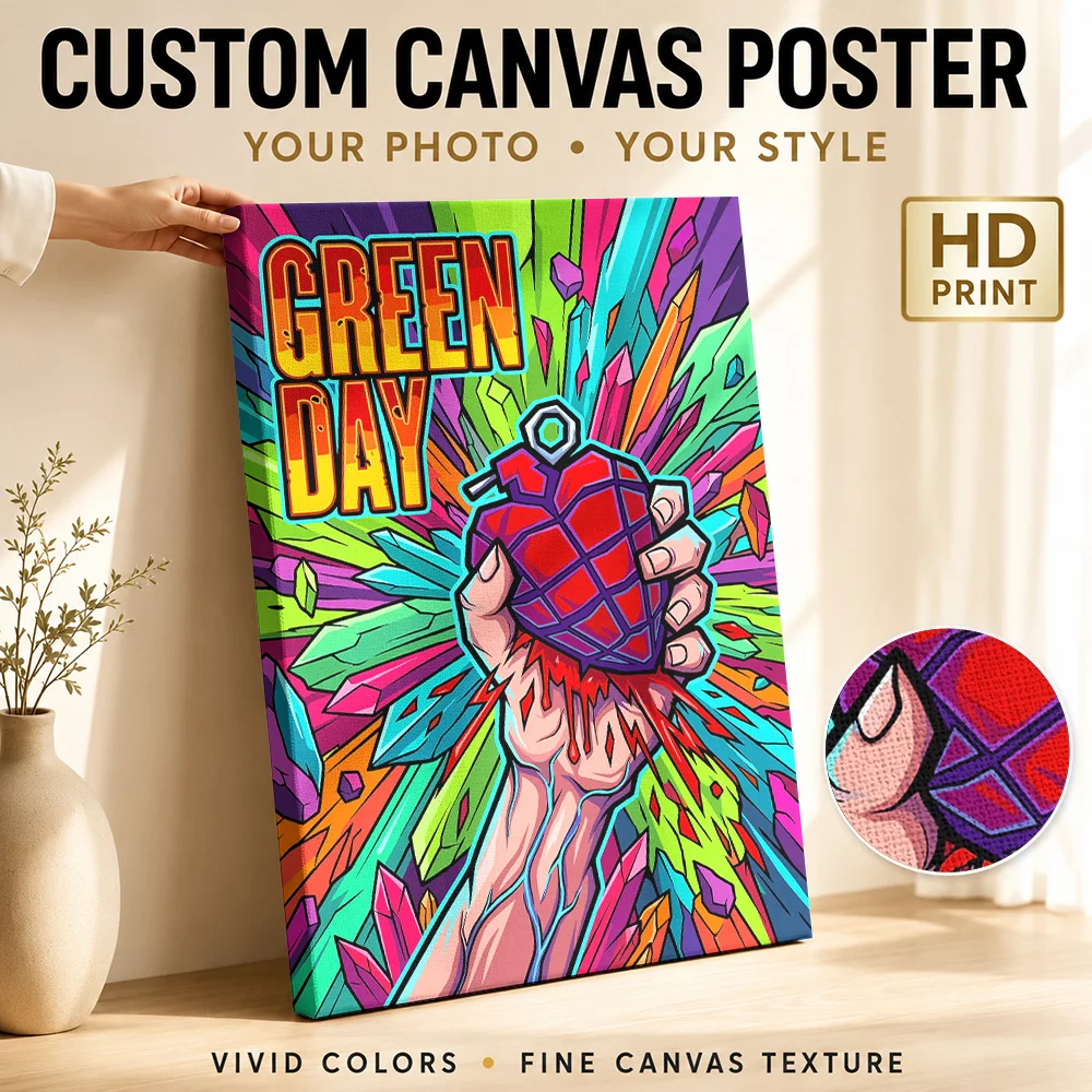 Green Day 21st Century Breakdown Framed Canvas Print Customized Photo Geometric Color Blocking Wall Art For Recording Studio
