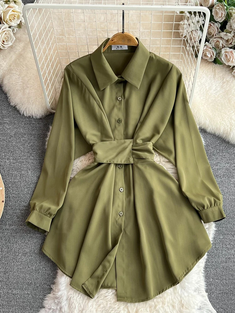 Korean Style A Line Shirt Dress - Spring Autumn Korean Style Long Sleeve