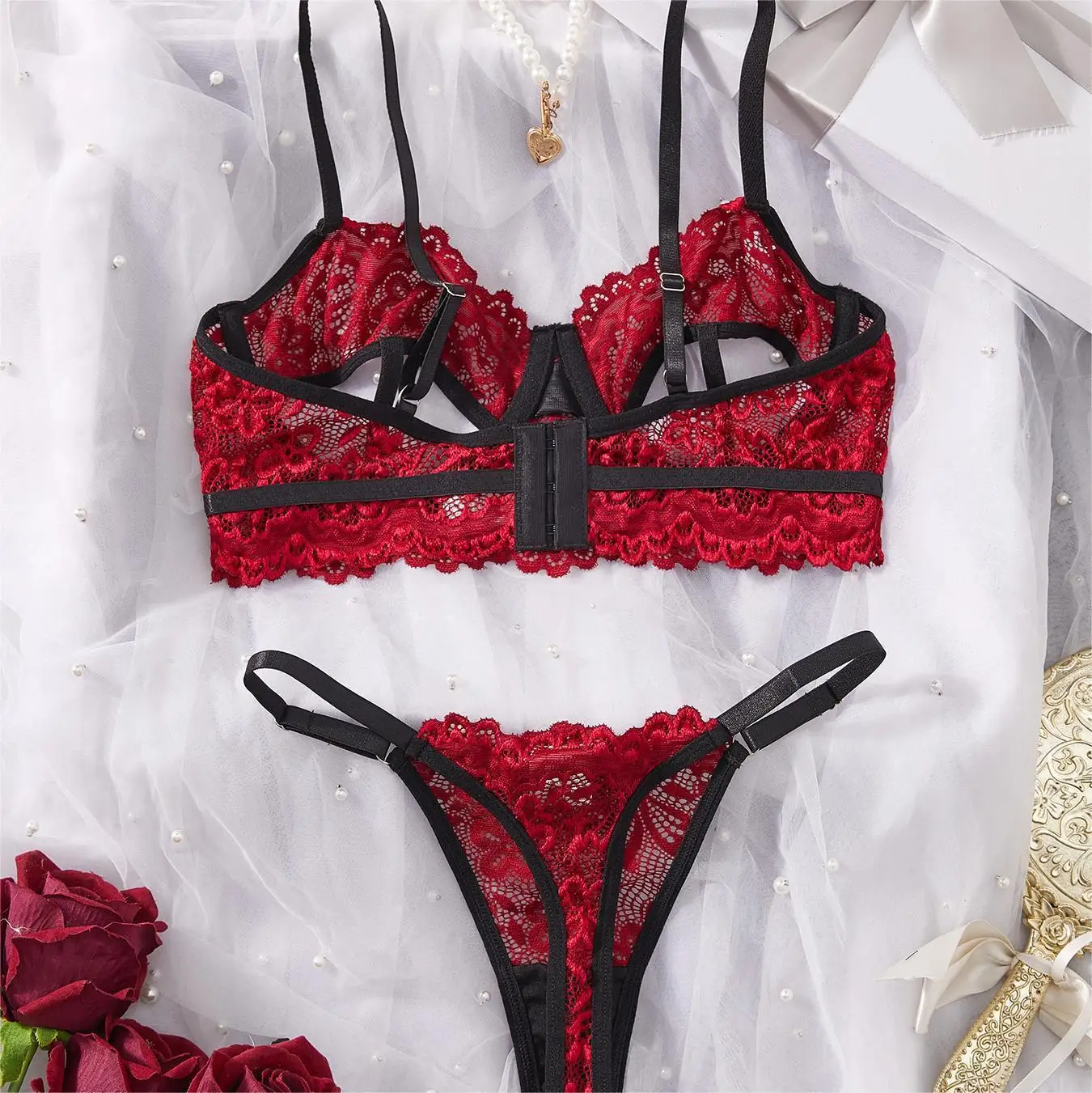 Women Lace Sexy Lingerie Suits Strap Backless Bra+Mini Briefs Sensual Two Pieces Sets Hollow Out Sheer Underwear Suits