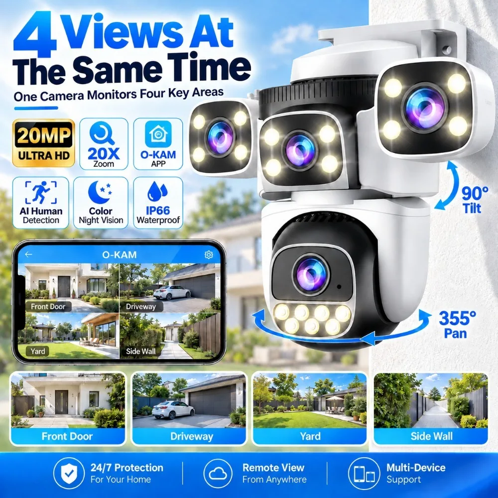 10K 20MP WiFi Camera Outdoor PTZ 4 Screen Four Lens 5X Zoom Night Vision Waterproof Tracking Security Surveillance Cameras CCTV