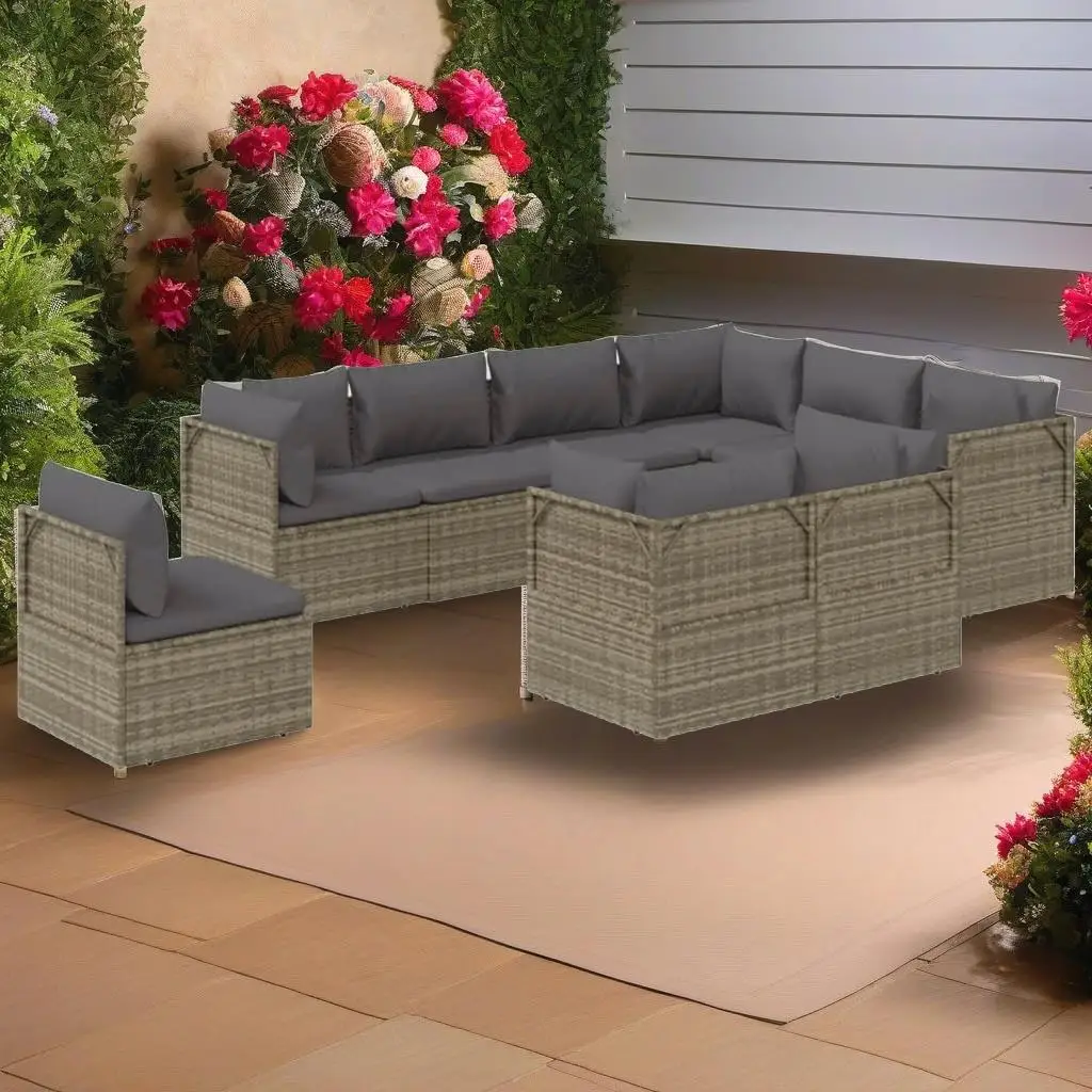 9-Piece Gray Poly Rattan Patio Lounge Set with Cushions - Outdoor Furniture for Relaxing