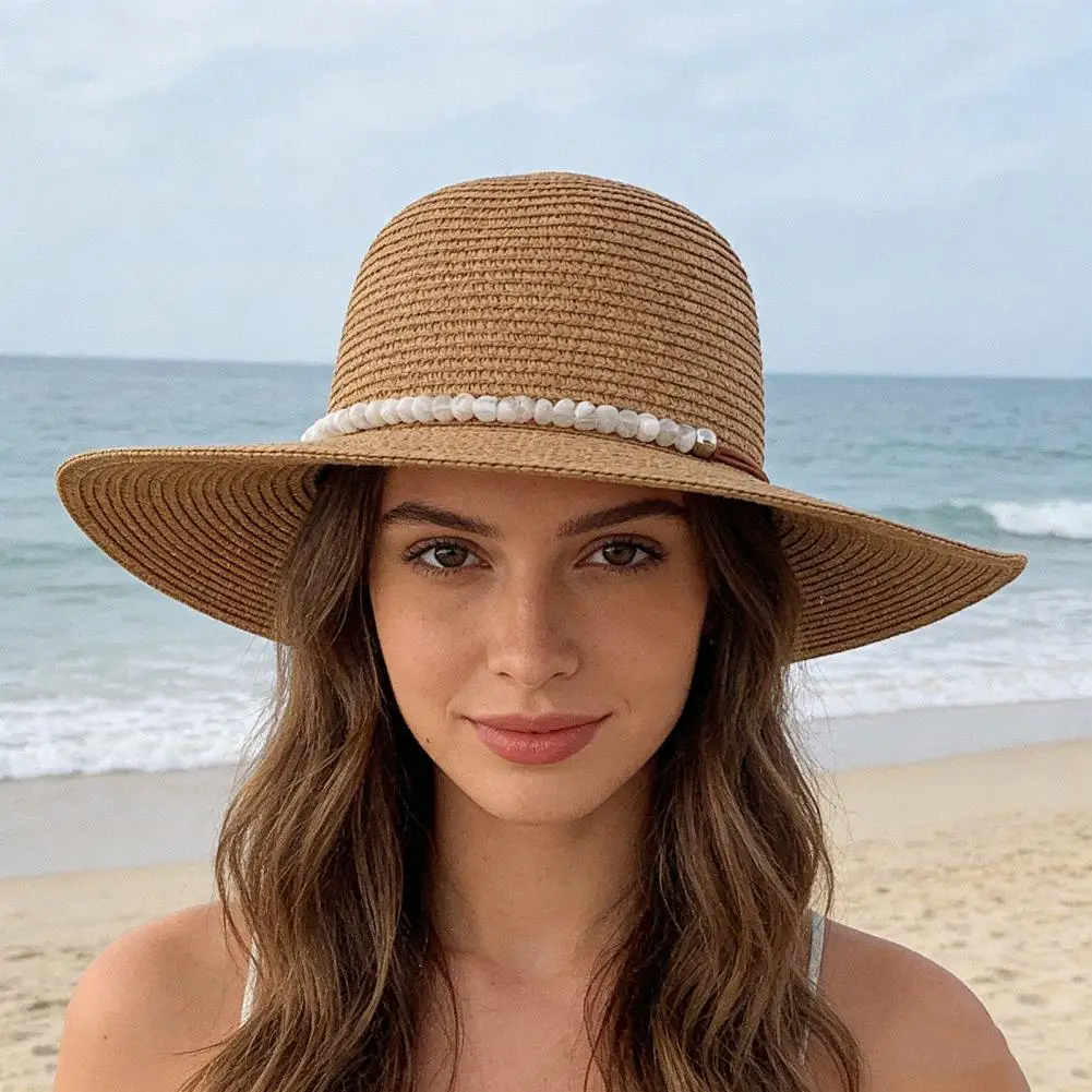 

Beach Hat with Imitation Pearl Accents Full Face Sun Protection Flat Top Large Brim UV Blocking Summer Straw Hat Wide Brim Sun H