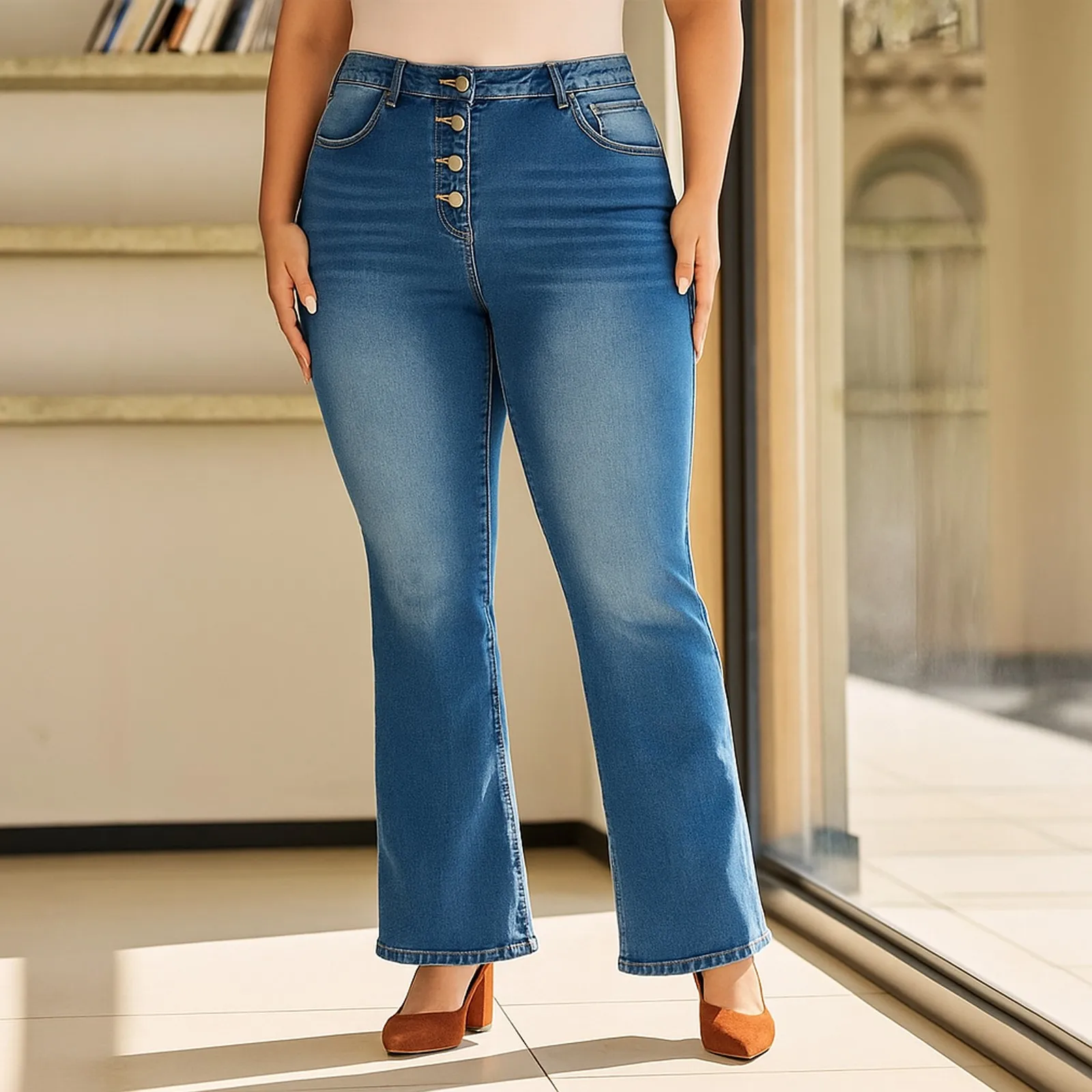 

Womens Jeans High Waisted Breasted Jeans Skinny Stretch Denim Pants Korea Casual Trousers Wash Slightly Flared Pants Jeans