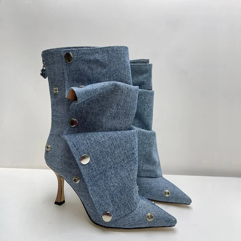 Wrinkled Metal Button Spliced Denim Boots 2024 Women Fashion Show Detachable Mid-calf Boots 34-43 Auto Show Model Fashion Boots