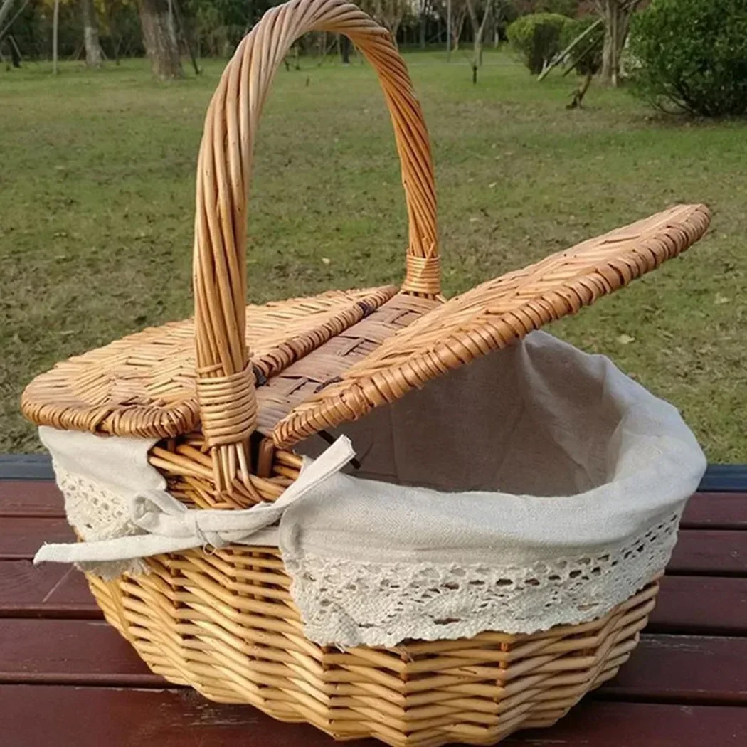 Country Style Wicker Basket With Handle Wicker Camping Picnic Basket With Double Lids Shopping Storage Hamper Basket