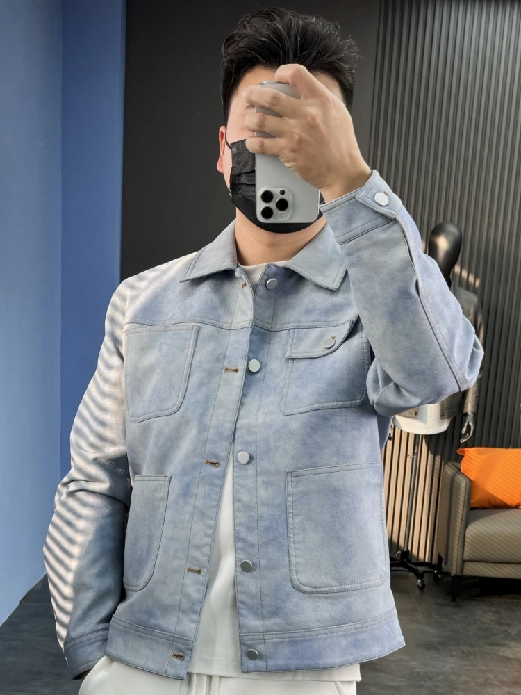 

SvipZ Men's Casual Faion Light Blue Leather Jaet Ultra-synthetic Leather Collar Stand-Up Sle Spring Autumn Wear