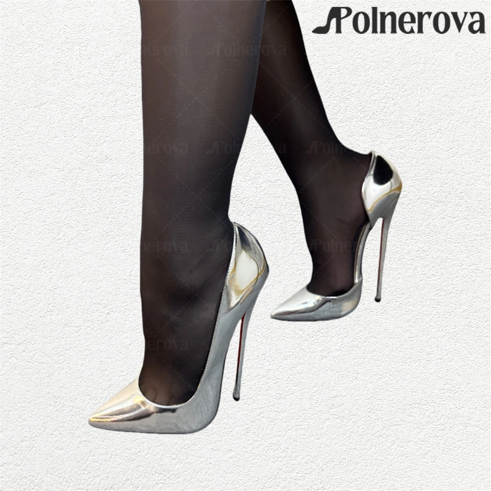 

Metallic Silver Hollow Pumps Sexy Style Pointed Stilettos Customizable Multicolor Handmade Lacquered High Heels Shoes for Women