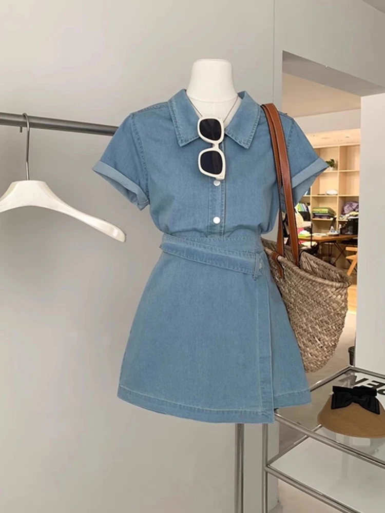 

Nanxia Faionable Denim Set Women's Summer Versatile irt orts Skirt Two-Piece Set Breathable Polyester Workwear