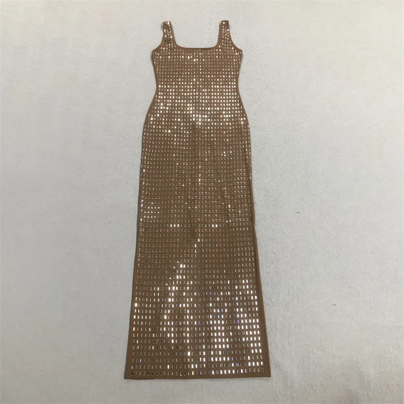 فستان حفلة موسيقية بكريستال بني مثير مخطط بدون أكمام أنيق طويل للحفلات والعطلات الرسمية وحفلات الزفاف وأعياد الميلاد والمكتب للسيدات