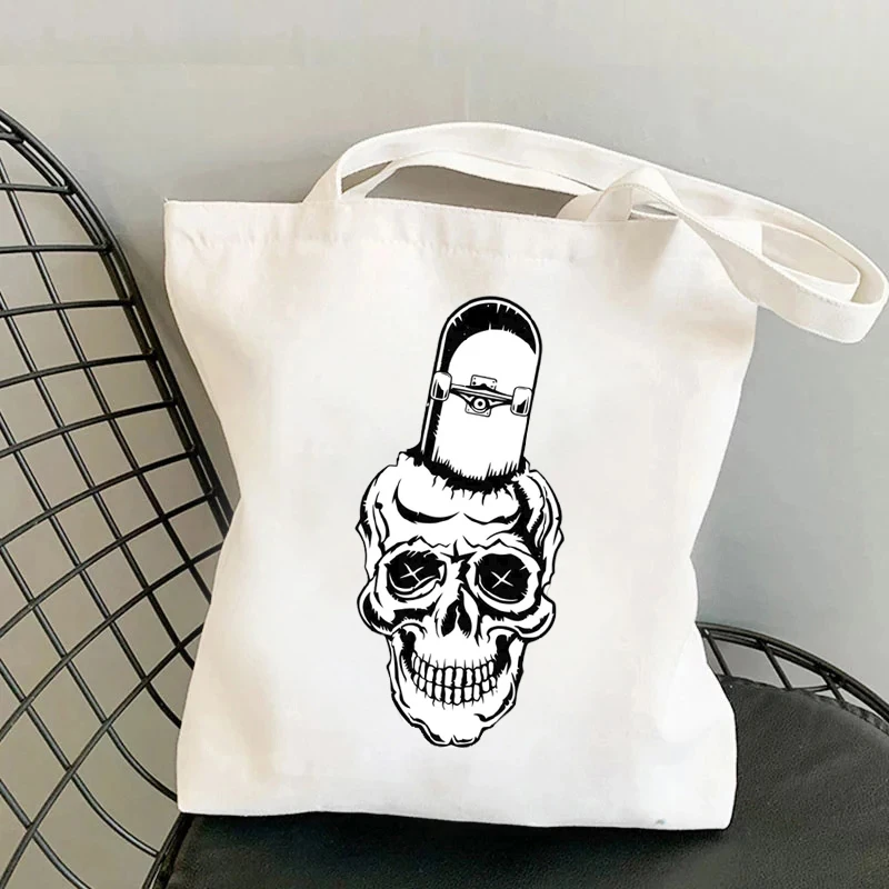 Skull Skateboard Skate Rider Shoulder Bag Handbag Canvas Reusable Shopping Bag Large Capacity Tote Bags Fun Halloween Party Gift