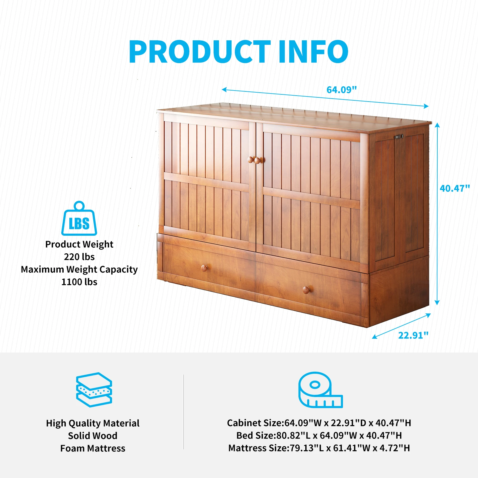 Murphy Bed Cabinet, Queen Size Bed Frame with Built-in USB Charging Station, Spacious Drawers, Folding Mattress