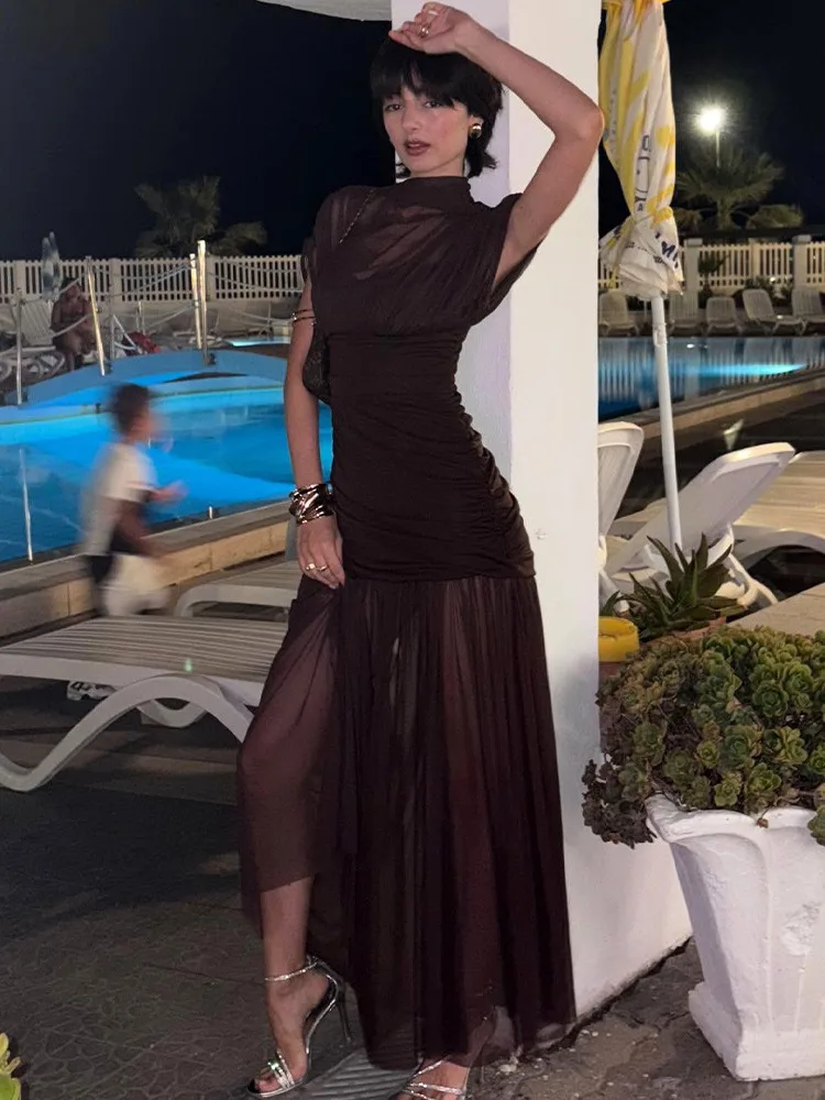 Apprabant Damen-Maxikleid, durchsichtig, Netzstoff, plissiert, halber Rollkragen, sexy, schickes Mädchen, figurbetont, langes Kleid, modisch, Party, Streetwear