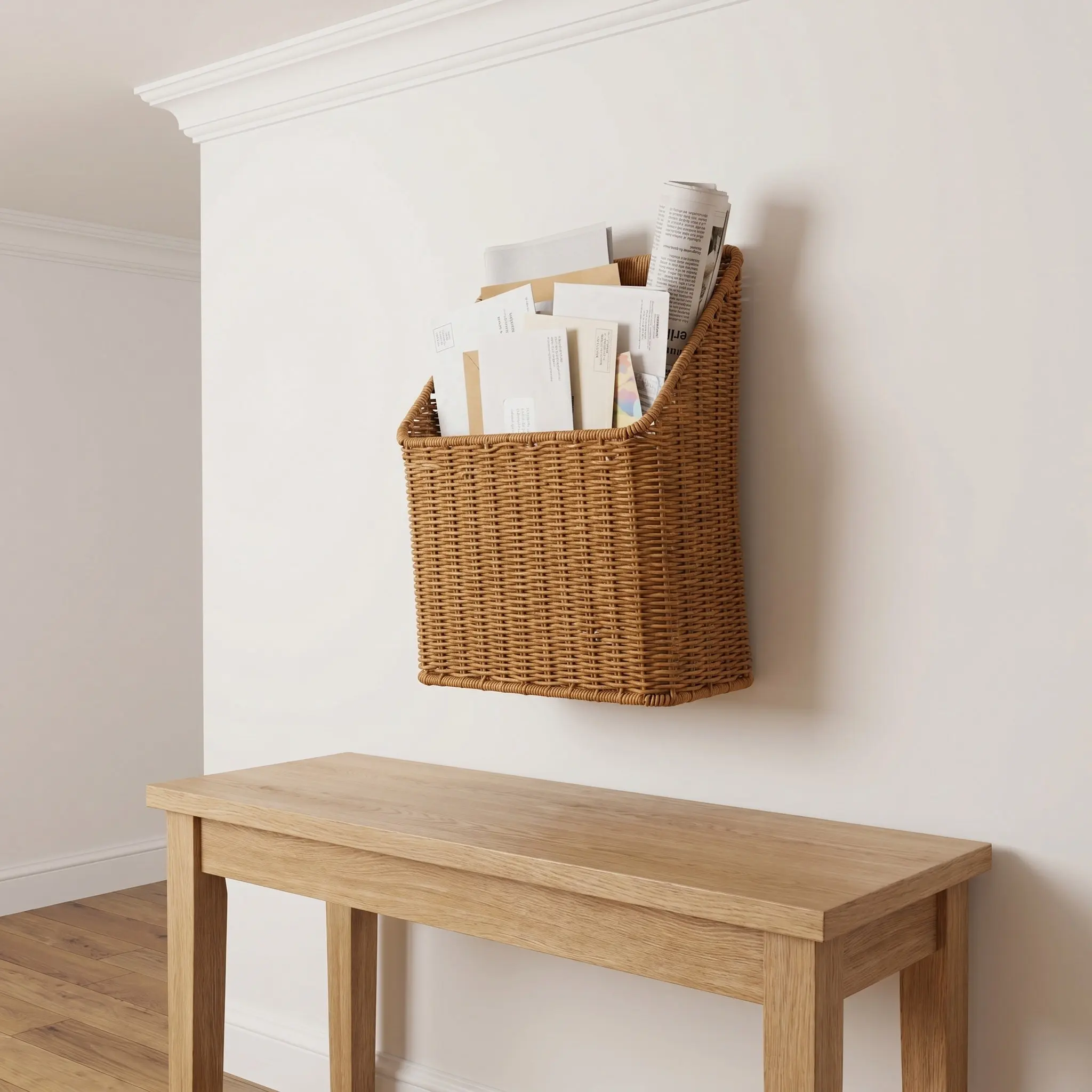 Synthetic Imitation Rattan Woven Wall Basket Hanging Wicker Magazine Holder Bathroom Storage Organizer Rack Wall Basket view 6