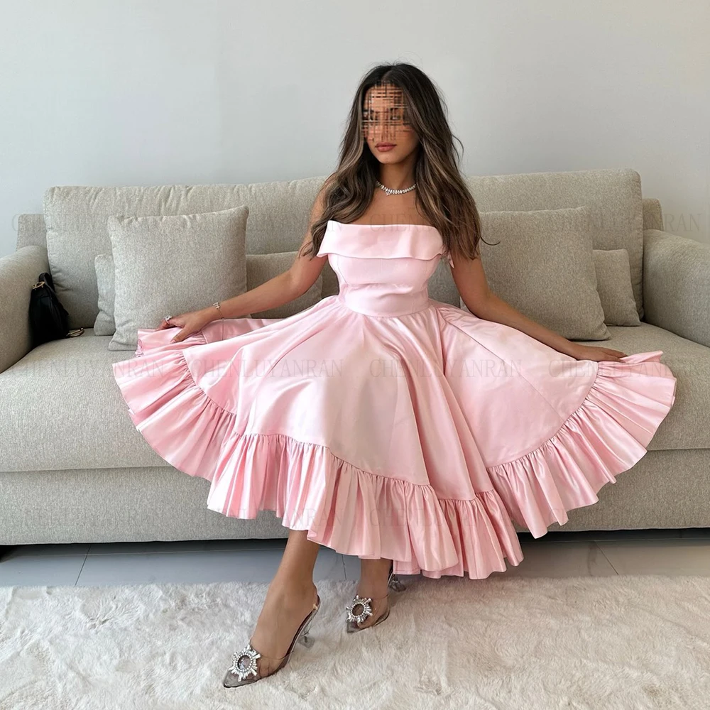 

Pink Formal Occasion Dresses 2023 Strapless Cute Satin Party Dress Sleeveless A-Line Elegant Evening Gowns فساتين مناسبة رسمية
