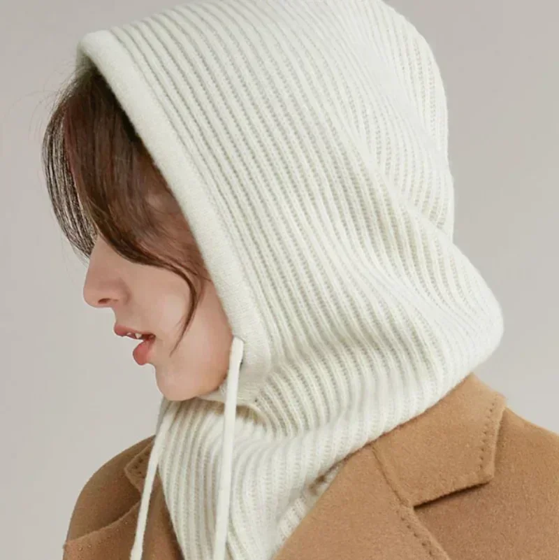 Fashion Winter Faux Cashmere Knitted Hooded Collar Removeable Elastic Hat Men&Women Warm Thick Wool Neck Wrap Drawstring Caps