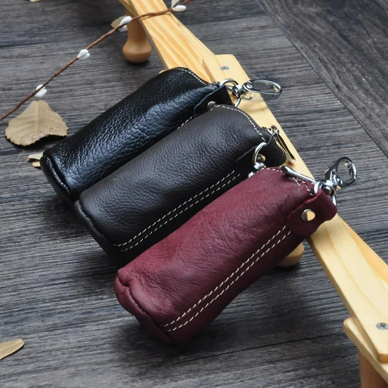 Men Key Bag Genuine Cow Leather Buckets Keys Cases Pouch Zipper Keychain Auto Car Key Case Bag Women Home Key Holder