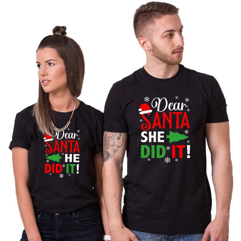 Dear Santa Matching Couples T-shirt Funny Christmas Essential Classic Tops Happy Christmas Design Wife Husband Matching T-Shirts