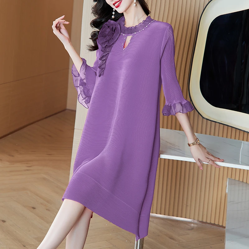 2024 autunno nuova gonna magica elastica antirughe rossa per le donne, gonna a maniche lunghe casual ampia con stampa retrò o-collo