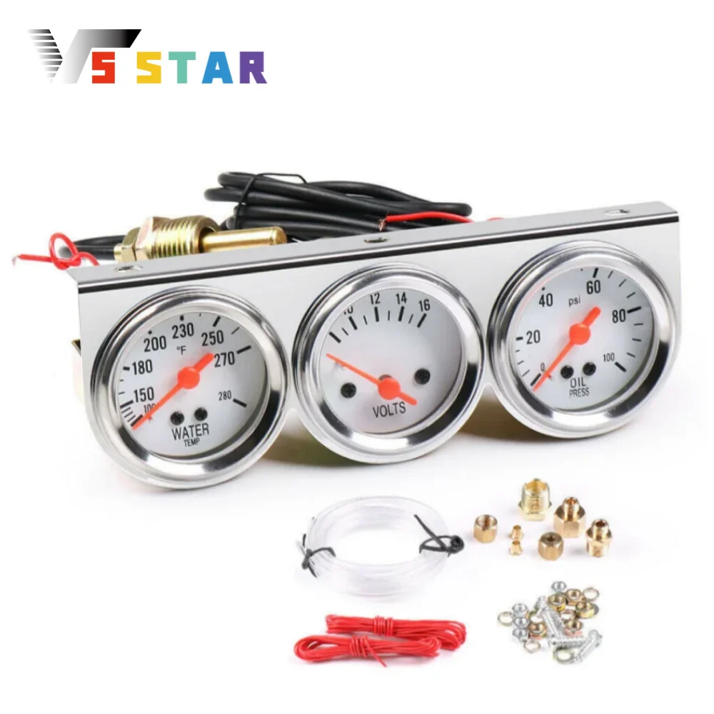 

Универсальный 2-дюймовый 52 мм хромированный вольтметр, температура воды, давление масла, тройной комплект из 3 манометров, комплект манометров для автомобилей общего назначения 12 В