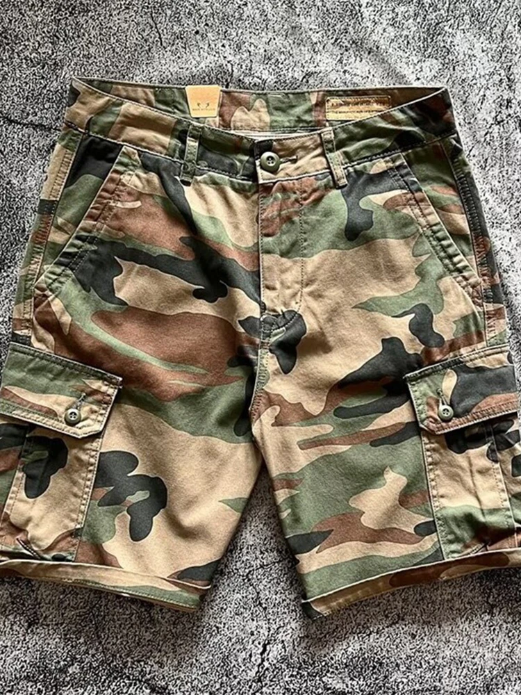 

American Sle Vintage Camouflage Workwear orts Loose Fit Pure Cotton Youthful Summer Four-Tenths Length Five-Fifths Pants