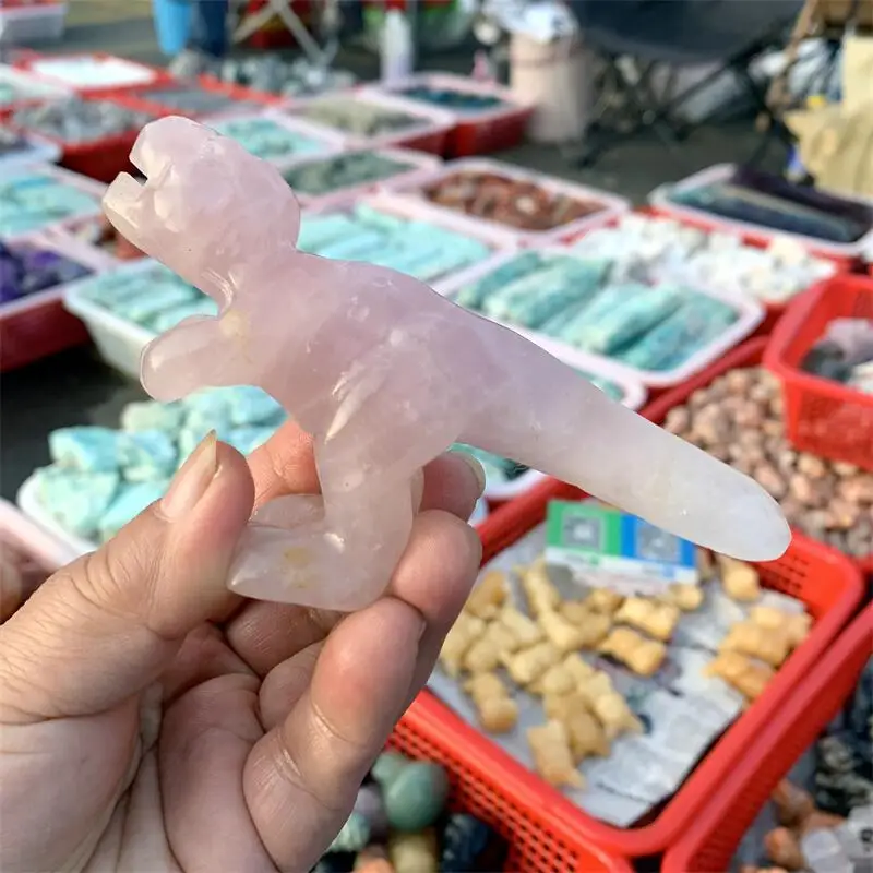 Natural Rose Quartz Dinosaur Carving Wicca Decor Carved Figurine Healing Quartz Halloween Gift 1pcs