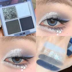 Paleta de sombras de ojos de 4 colores, brillo azul, mate, Flash fino, acrílico, larga duración, impermeable, maquillaje de ojos, cosméticos