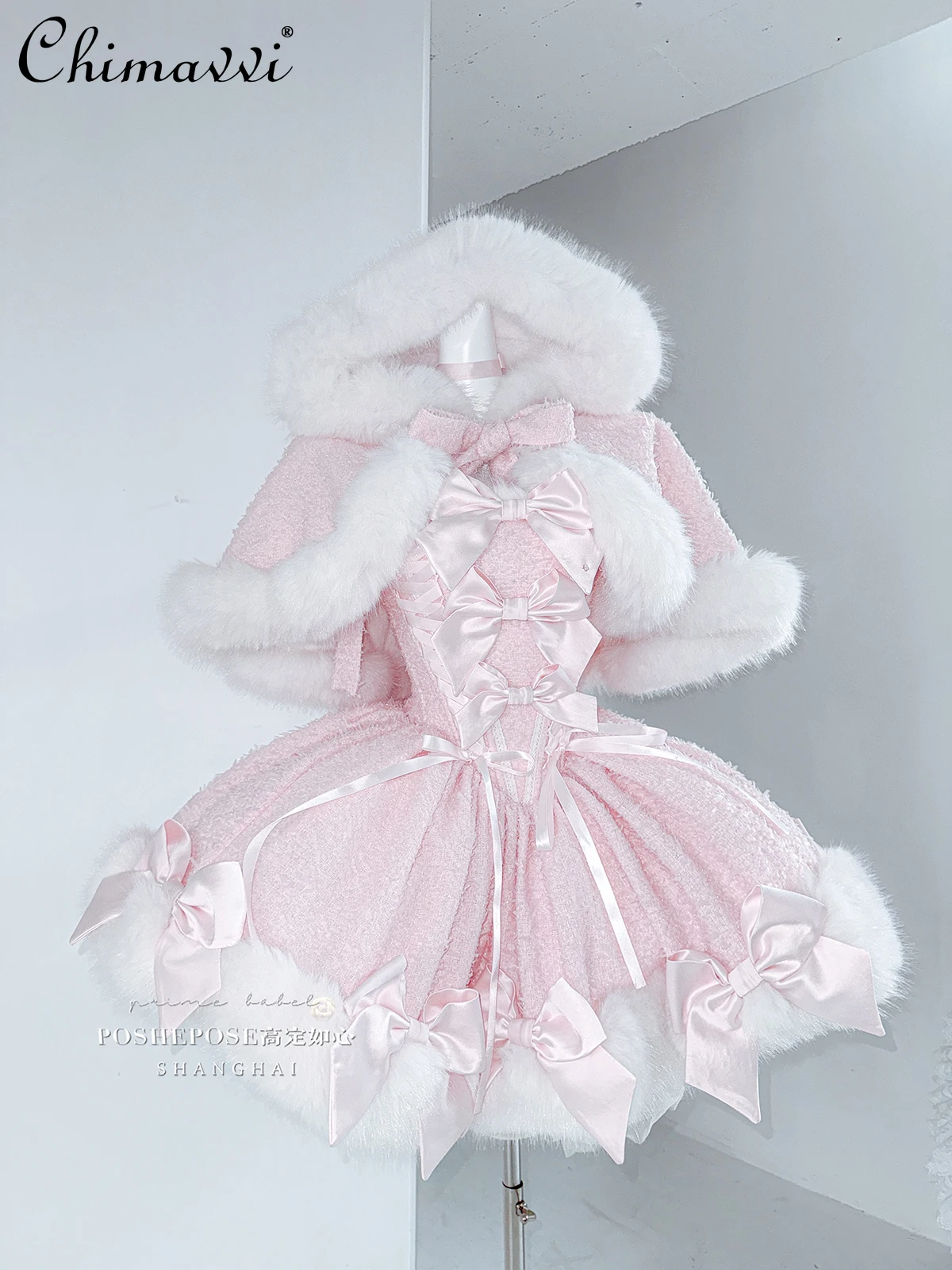 

Новое зимнее блестящее твидовое платье-топ с блестками, меховая накидка с капюшоном, женская куртка с милым бантом, новогодний пушистый плащ, комплект платья