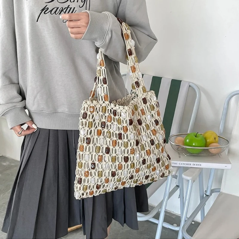 Beaded Large Capacity Shoulder Bag Women Retro Hollow Out Woven Beach Purse with Inner Lining Fashion Style Personality Handbag
